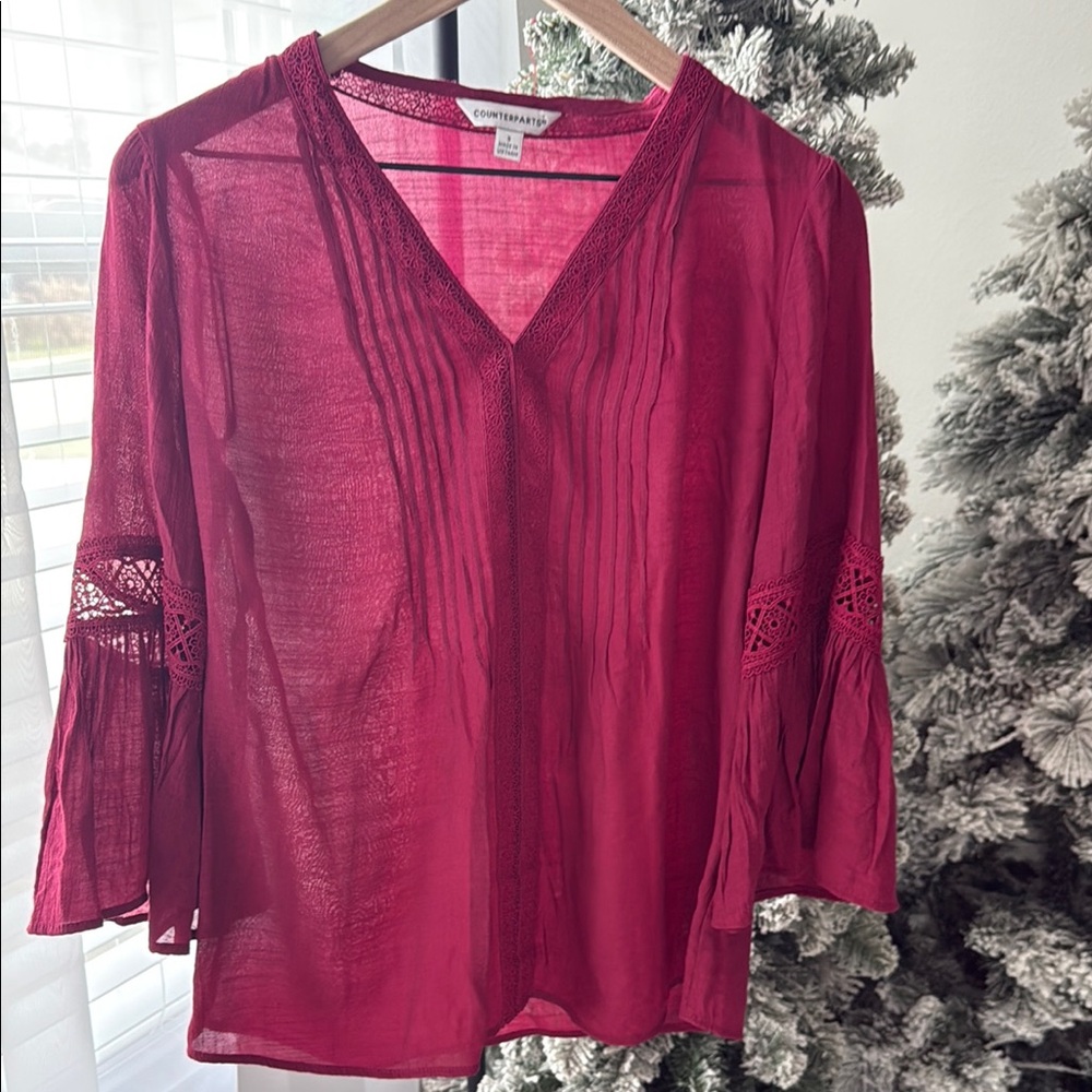 Counterparts Red Blouse with Bell Sleeves and Pleated Design